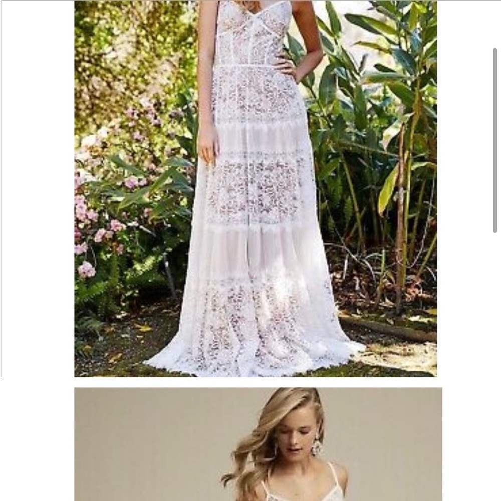 Gorgeous layered lace Tadashi Shoji wedding gown